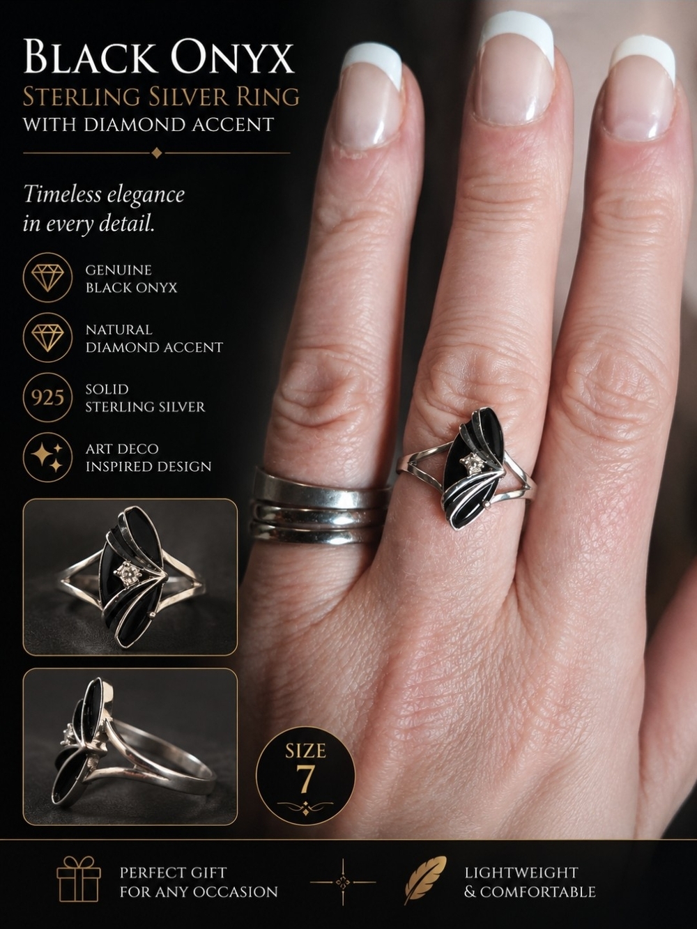 BLACK ONYX SS DIAMOND ACCENT RING